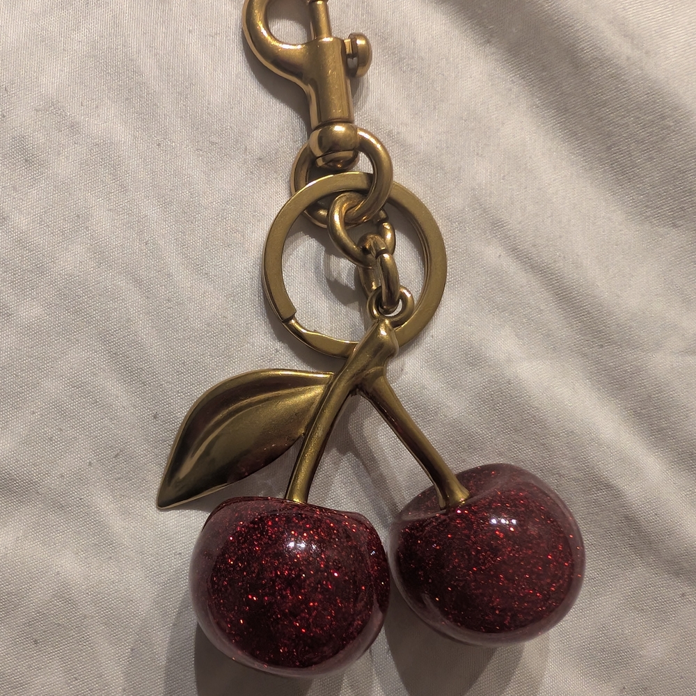 Glittery Cherry Keychain with Gold Leaf Accent